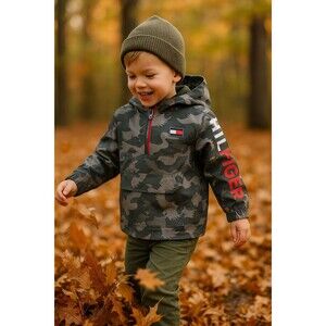 Tommy Hilfiger Boys 4T Half Zip Hooded Windbreaker Jacket Camo Army Green Gray